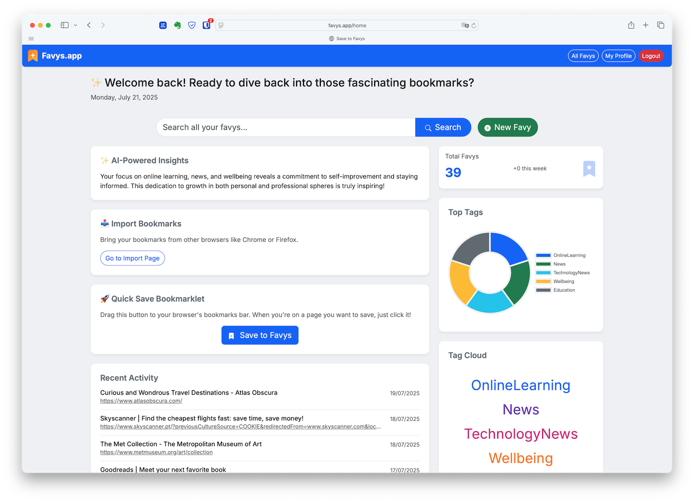 Favys.app interface showing a clean list of bookmarks